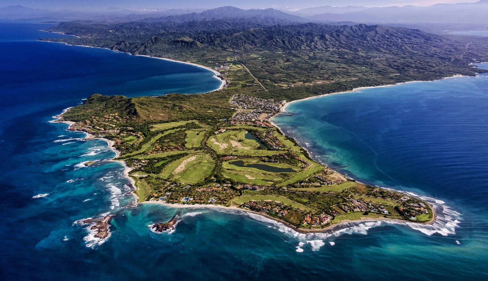 The Punta Mita peninsula and its two Jack Nicklaus golf courses from the air, for a group golf trip