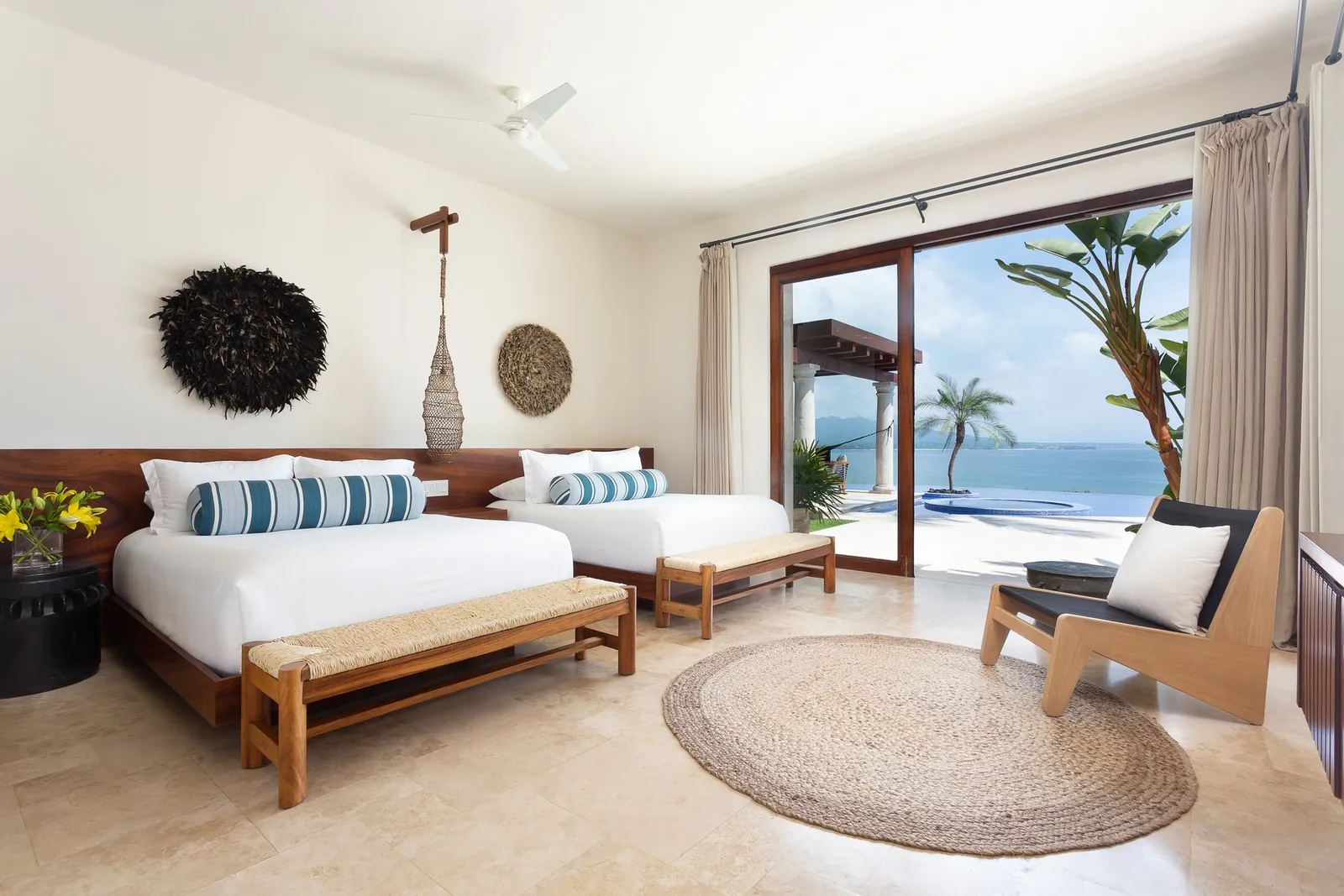 Casa La Vida, Ocean View Suite 3: two queen beds by the pool terrace door