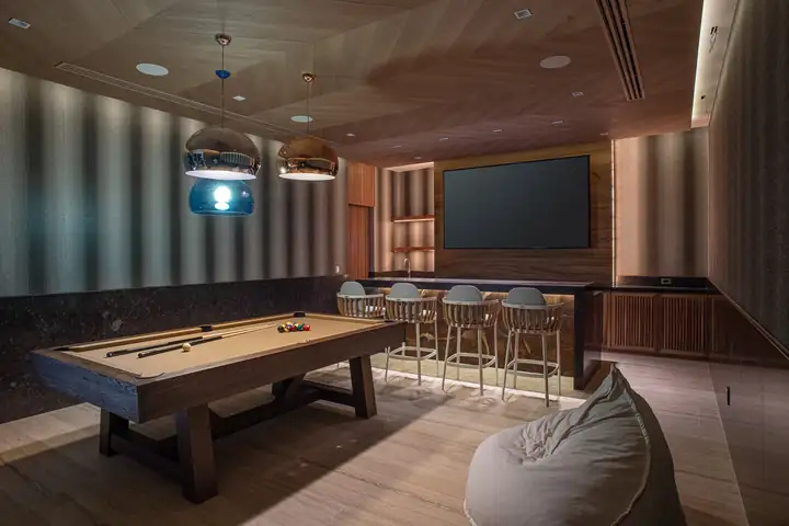 The game room at Casa Akai with its pool table and big screen